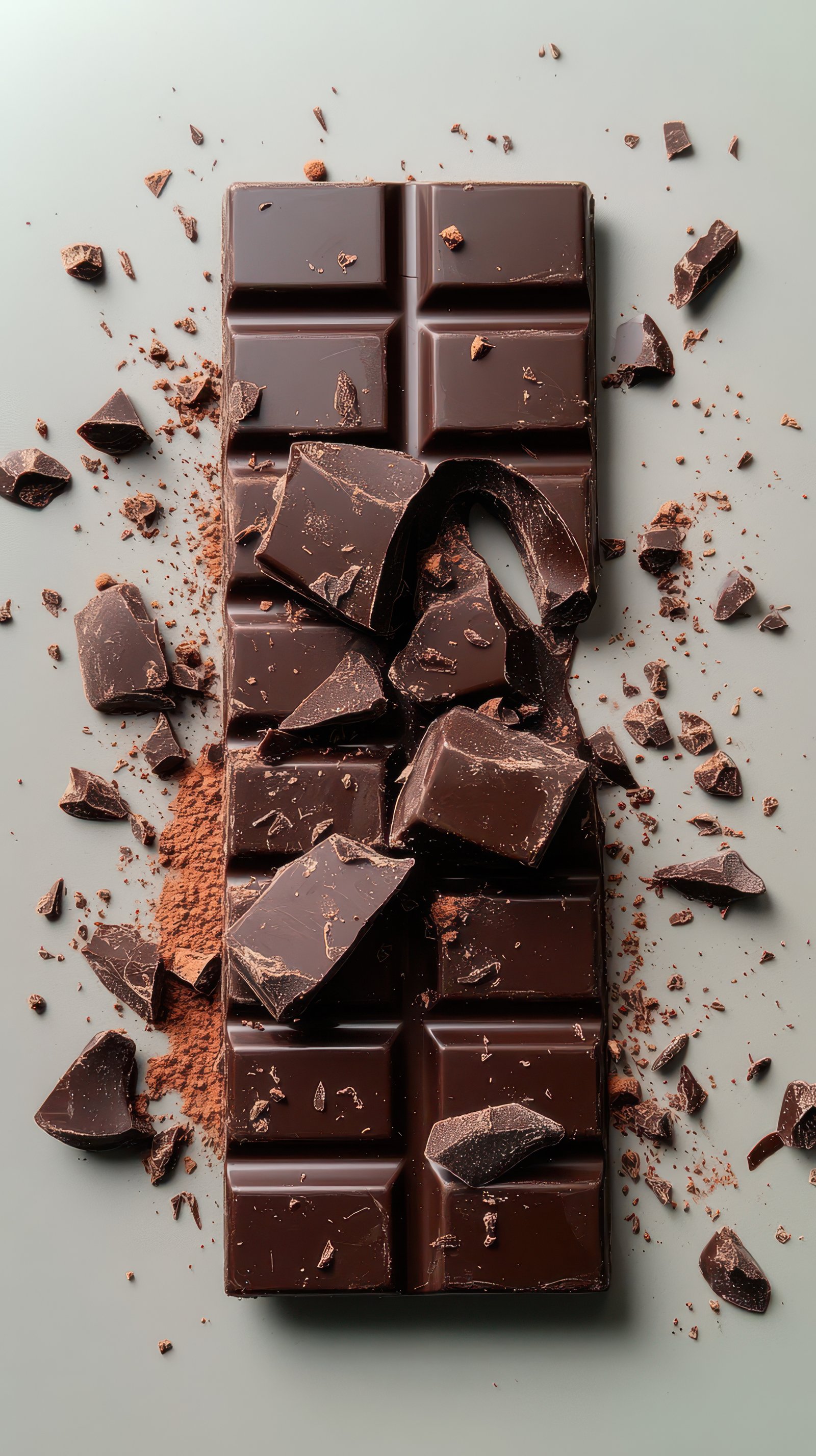 Dark chocolate bar with shards scattered on a gray surface, showcasing broken pieces and cocoa powder